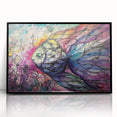 Framed wall art featuring a vibrant marine life fish design in a black acrylic frame, showcasing colorful aquatic creatures against a white background, perfect for ocean-themed decor.