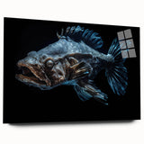 Vibrant acrylic wall art featuring an intricate marine life fish design displayed in a sleek glass frame, showcasing vivid colors and detailed textures, perfect for ocean-themed decor.