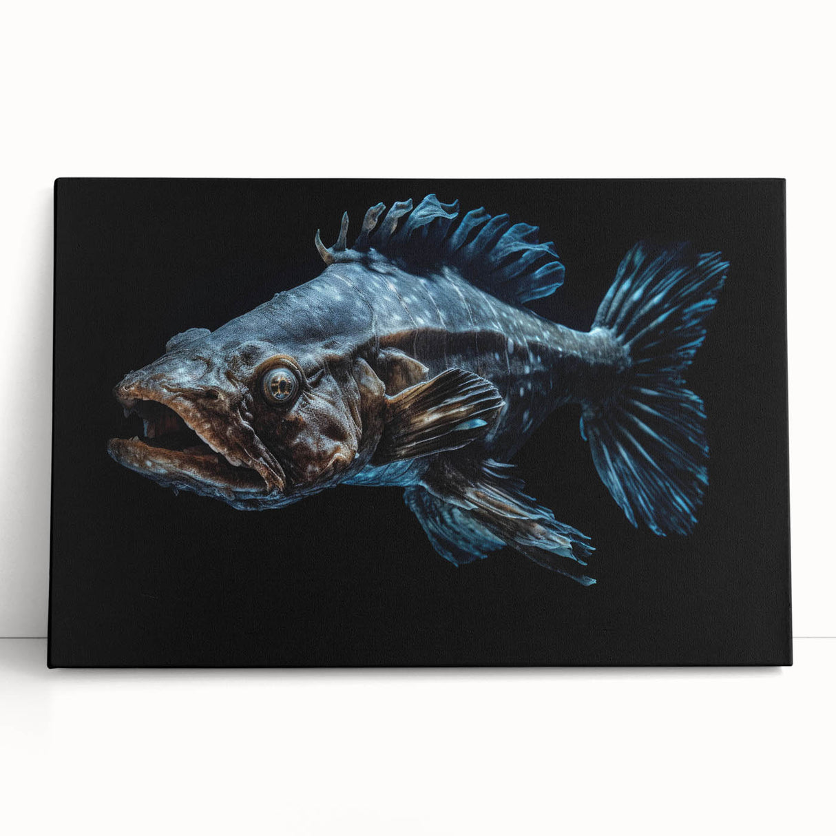 Vibrant marine life wall art design featuring colorful fish and ocean elements on a stretched canvas, perfect for nautical-themed decor.