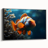 Framed canvas wall art showcasing a vibrant marine life fish design, featuring a black frame and side view, perfect for enhancing home decor in coastal themes.