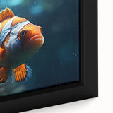 Close-up of a framed canvas wall art piece showcasing vibrant marine life fish designs in vivid colors, ideal for ocean-themed decor in homes or offices.