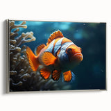 Framed canvas wall art featuring a vibrant marine life fish design, showcasing colorful aquatic creatures against a sleek silver background, perfect for ocean-themed decor.
