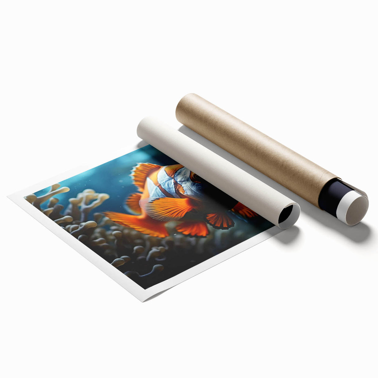 Colorful marine life fish design wall art print showcasing vibrant underwater scenes, rolled for easy transport and display in home decor. Perfect for ocean enthusiasts.