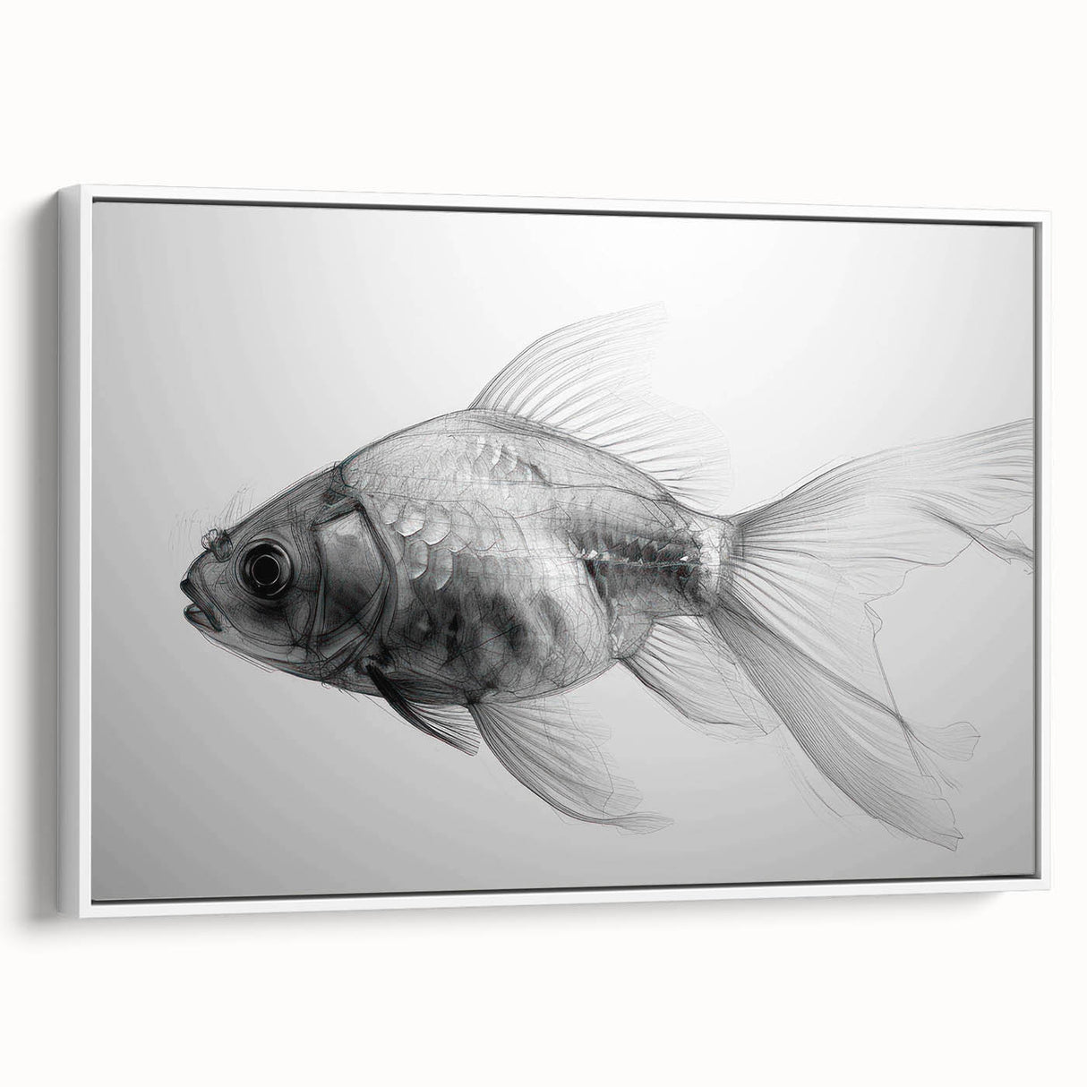 Framed wall art showcasing a vibrant marine life fish design on canvas, featuring a white frame and side view for a modern aesthetic, perfect for ocean-themed decor.