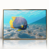Framed wall art featuring a vibrant marine life fish design in gold acrylic, showcasing colorful fish against a serene underwater backdrop, perfect for ocean-themed decor.