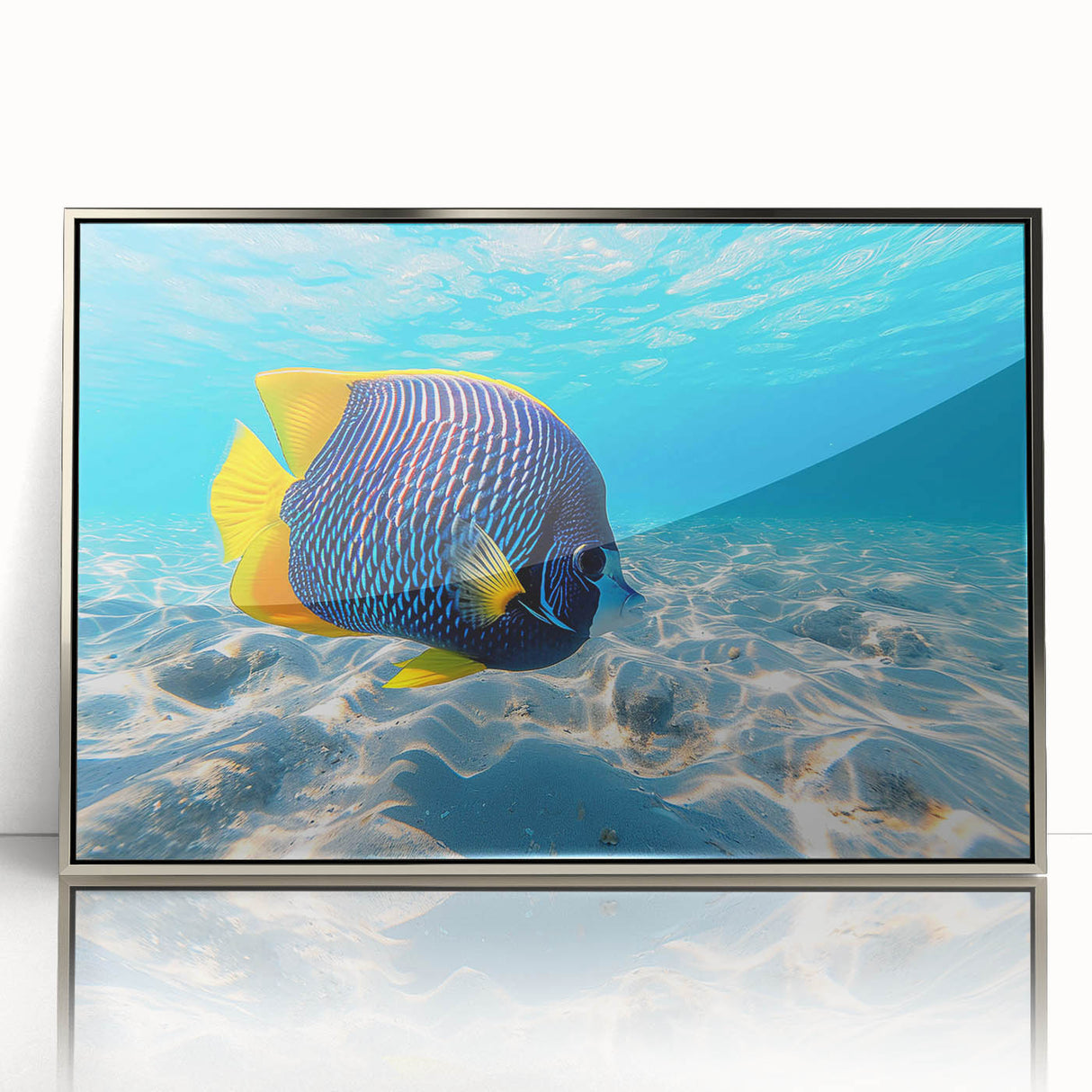 Framed wall art featuring a vibrant marine life design with colorful fish and aquatic plants, set in a sleek silver frame, perfect for ocean-themed decor.