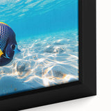 Close-up of a framed canvas wall art piece showcasing vibrant marine life fish designs, featuring rich colors and intricate details, perfect for ocean-themed decor.