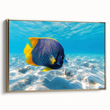 Framed canvas wall art showcasing a vibrant marine life fish design in gold tones, elegantly displayed from a side view, perfect for nautical home decor.