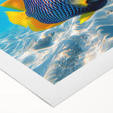 Vibrant marine life wall art collection on rolled canvas, showcasing colorful fish designs against a serene ocean backdrop, ideal for ocean-themed decor.
