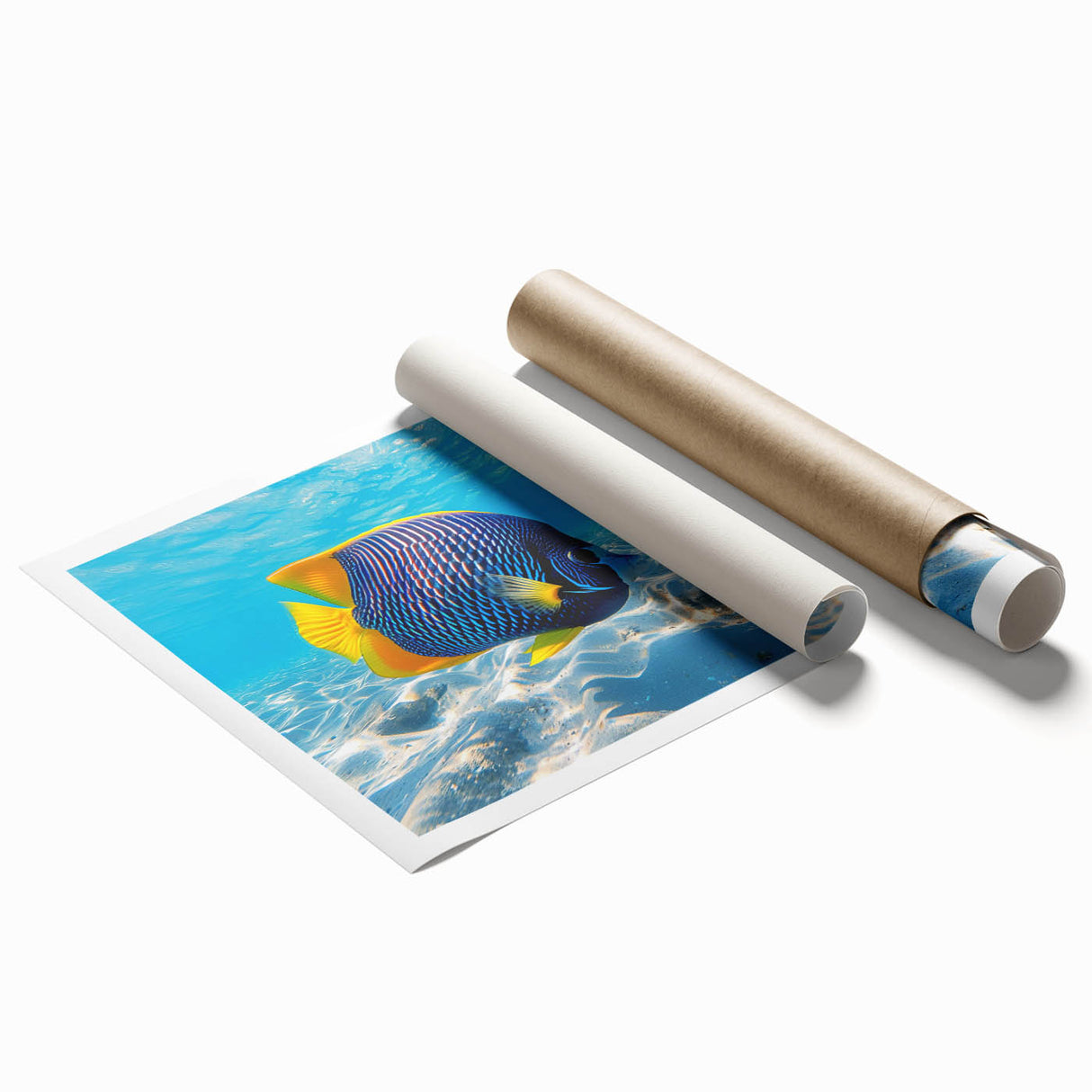 Vibrant marine life wall art print showcasing colorful fish, coral, and sea plants, rolled for easy display. Perfect for ocean-themed decor in homes or offices.