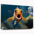 Acrylic wall art featuring a vibrant marine life fish design, showcasing colorful aquatic creatures and detailed textures, displayed in a side view with clear pins for mounting. Perfect for ocean-themed decor.