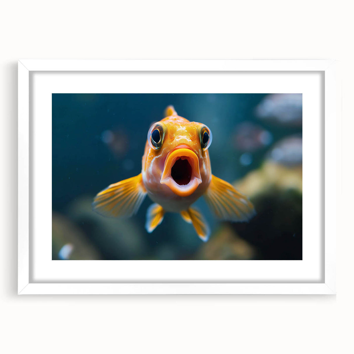 Framed wall art showcasing a vibrant marine life fish design, featuring intricate details and a white mat, perfect for ocean-themed home decor.