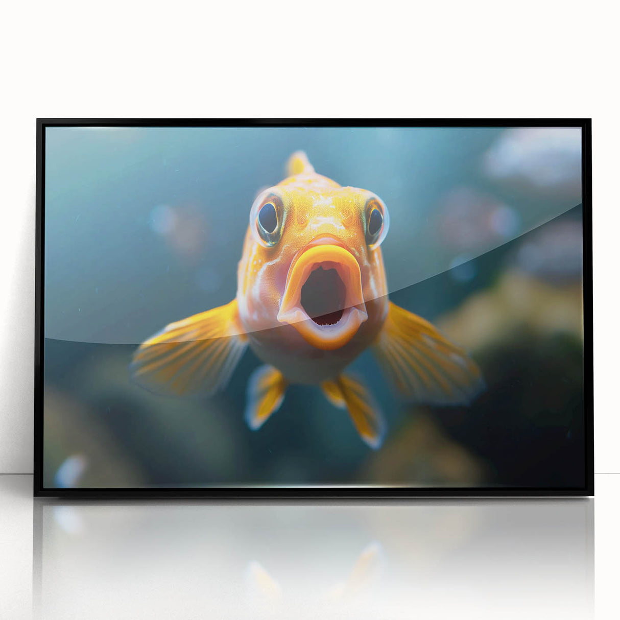 Framed acrylic wall art featuring a vibrant marine life fish design, showcasing colorful aquatic species against a sleek black background, perfect for ocean enthusiasts.
