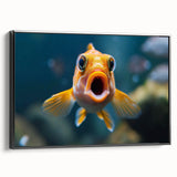 Framed canvas wall art showcasing a vibrant marine life fish design in a black frame, displayed from a side view, perfect for ocean-themed decor and coastal aesthetics.