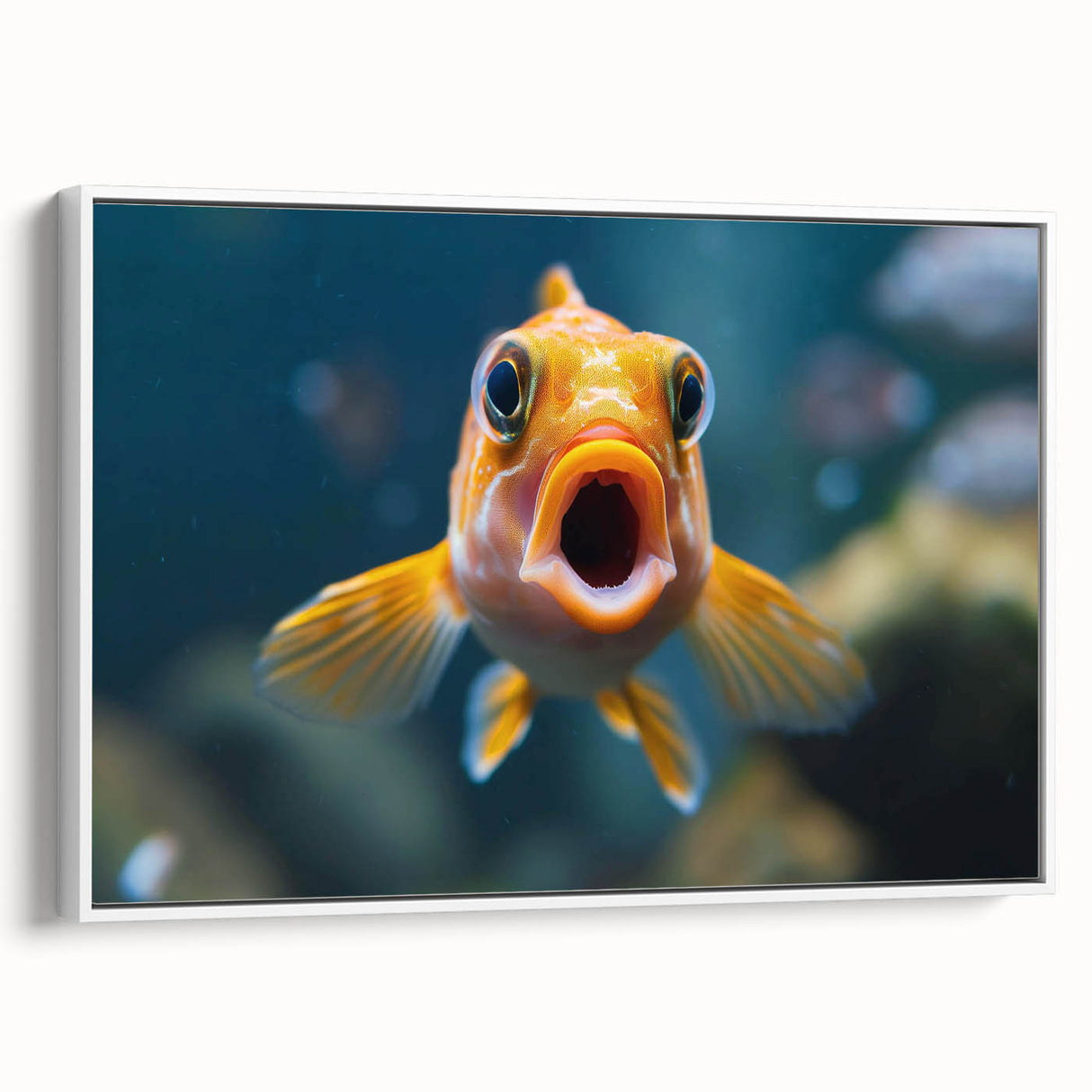 Framed wall art featuring a colorful marine life fish design on canvas, showcasing vibrant aquatic colors and intricate details, perfect for ocean-themed decor.