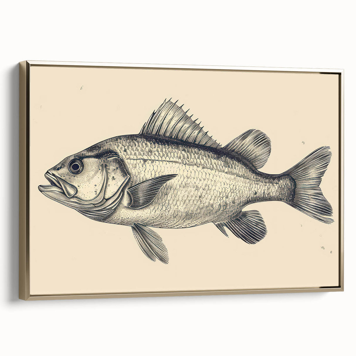 Framed canvas wall art showcasing a vibrant marine life fish design, featuring a gold frame and side view for elegant home decor. Perfect for aquatic-themed interiors.