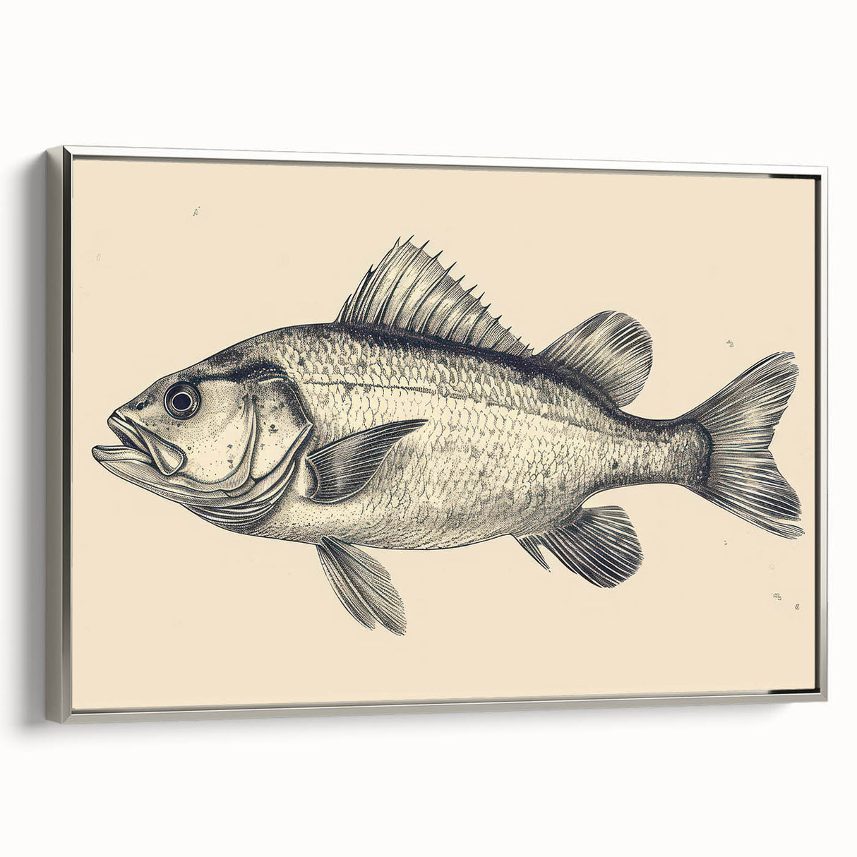 Framed canvas wall art featuring a vibrant marine life fish design in a silver frame. The artwork captures colorful fish swimming amidst coral, perfect for ocean-themed decor.