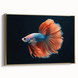 Framed canvas wall art showcasing a vibrant marine life fish design in gold, ideal for ocean-themed decor, set against a modern interior backdrop.