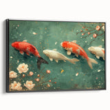 Framed canvas wall art featuring a vibrant marine life fish design, showcasing colorful aquatic creatures against a black background, perfect for ocean-themed decor.