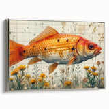 Framed wall art showcasing a vibrant marine life fish design in vivid colors, presented in a sleek silver frame, ideal for ocean-themed decor.