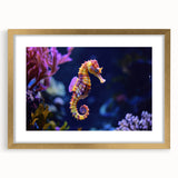 Framed wall art featuring a vibrant marine life fish design, with a gold mat and frame, showcasing colorful aquatic creatures against a white background.