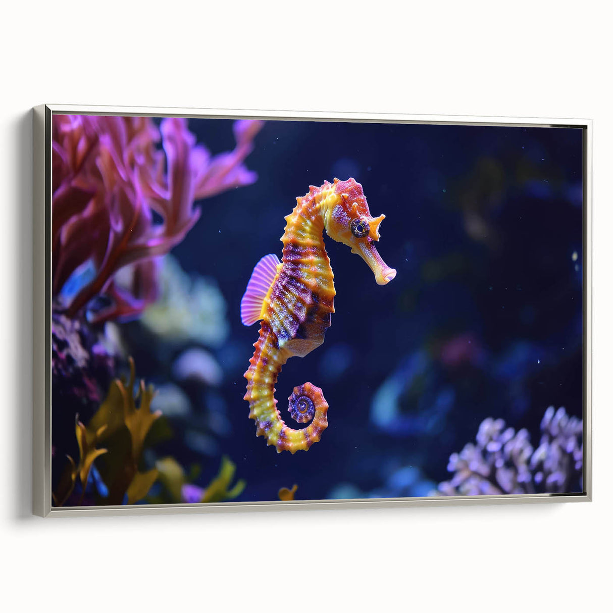Framed wall art canvas showcasing a vibrant marine life fish design with intricate details, set against a silver frame, perfect for ocean-themed decor.