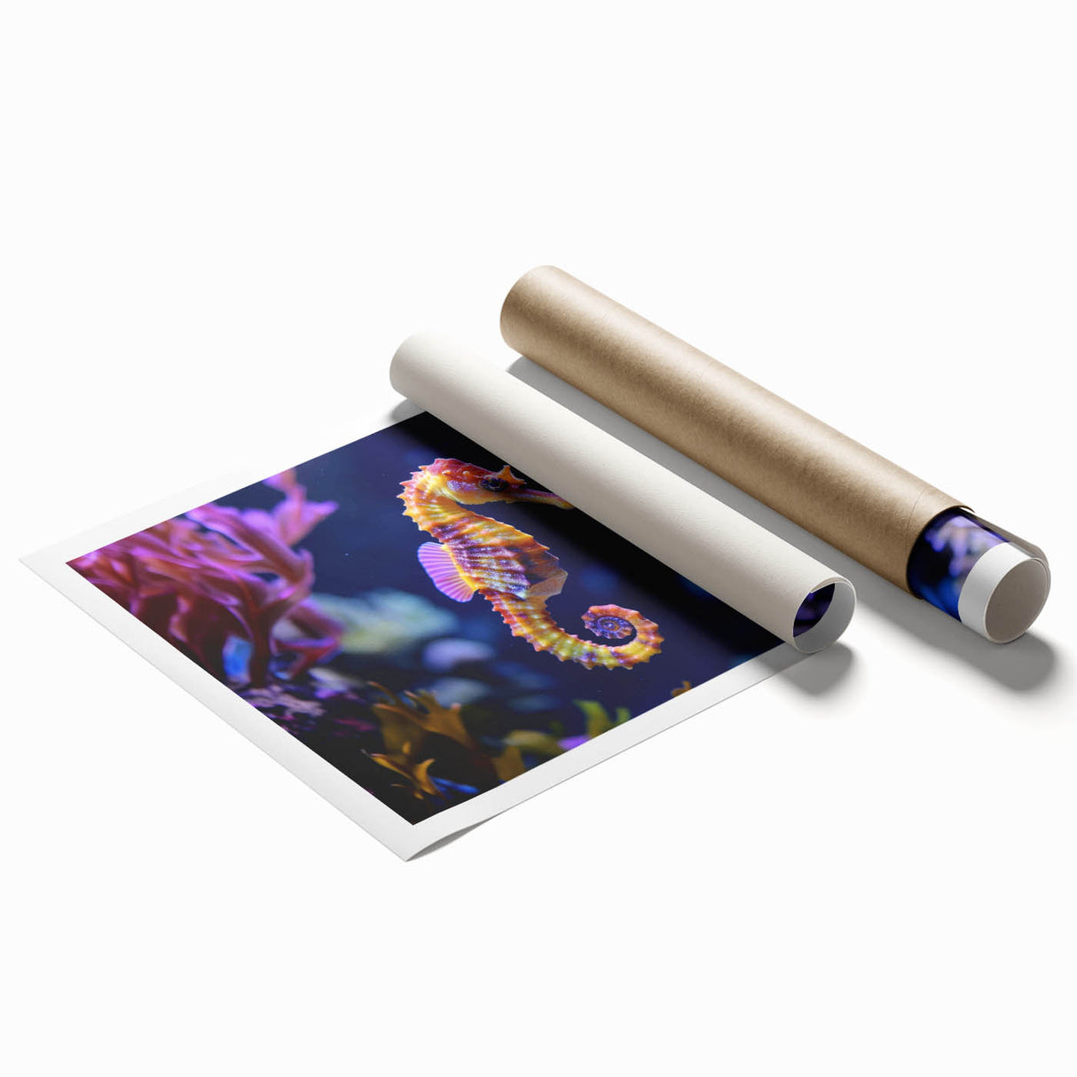 Vibrant marine life wall art print showcasing a colorful fish design, rolled and ready for display, perfect for ocean-themed decor enthusiasts.