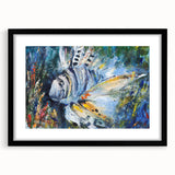 Black framed wall art showcasing a vibrant marine life fish design, featuring colorful aquatic creatures on a textured mat, perfect for enhancing ocean-themed decor.