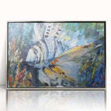 Framed wall art showcasing a vibrant marine life fish design, featuring an acrylic front with a sleek silver frame, perfect for ocean-themed decor.