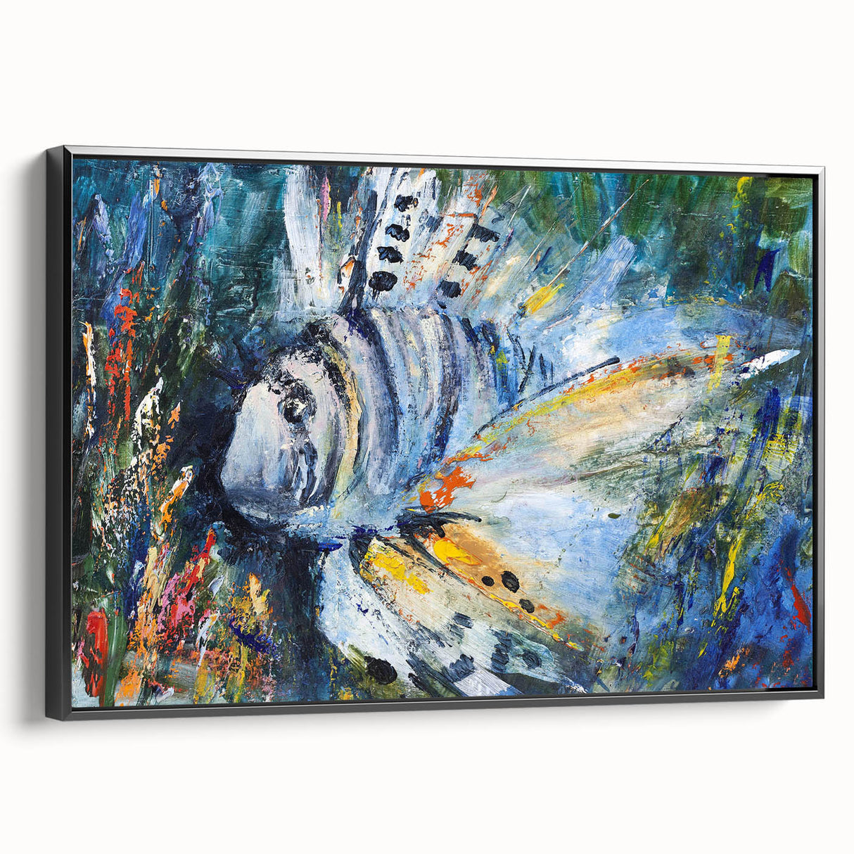 Framed canvas wall art showcasing vibrant marine life fish design in a black frame, ideal for ocean-themed decor, emphasizing colorful aquatic details and textures.