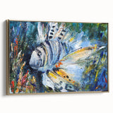 Framed canvas wall art showcasing a vibrant marine life fish design in gold tones, highlighting intricate details and textures, perfect for ocean-themed decor.