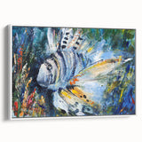 Framed canvas wall art featuring a vibrant marine life fish design, showcasing a colorful underwater scene with various fish species, presented in a sleek white frame. Ideal for ocean lovers and home decor enthusiasts, this piece adds a touch of nature to any room.