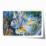 Vibrant marine life wall art print showcasing a variety of colorful fish against a deep blue background, rolled and ready for display in any ocean-themed decor.