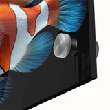Close-up of vibrant marine life wall art featuring colorful fish designs on acrylic glass, showcasing intricate details and textures perfect for ocean-themed decor.
