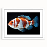 Framed wall art featuring a vibrant marine life fish design, showcasing colorful aquatic species against a white mat background, perfect for ocean-themed decor.