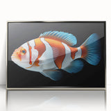 Framed wall art showcasing a vibrant marine life fish design with intricate details, featuring a silver acrylic frame, perfect for ocean-themed decor.
