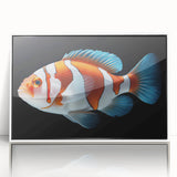Framed wall art featuring a vibrant marine life fish design in acrylic, showcasing colorful aquatic species against a white background, perfect for ocean-themed decor.
