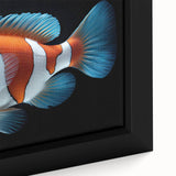 Close-up of a vibrant framed canvas depicting a marine life fish design, showcasing intricate details and rich colors ideal for ocean-themed decor.