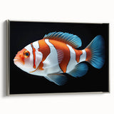 Framed wall art showcasing a vibrant marine life fish design, featuring colorful aquatic creatures and a sleek silver frame, perfect for ocean-themed decor.