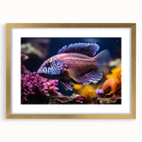 Framed wall art featuring a vibrant marine life fish design in gold tones, elegantly matted, perfect for enhancing coastal-themed decor in any space.