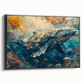 Framed canvas wall art featuring a vibrant underwater scene with various marine life, showcasing colorful fish against a black background, ideal for ocean-themed decor.