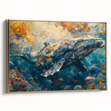 Framed canvas wall art showcasing a vibrant marine life fish design with gold accents, ideal for ocean-themed decor. Side view highlights its elegant presentation.