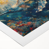 Rolled canvas wall art depicting vibrant marine life fish design in blues and greens, showcasing intricate details and textures, ideal for ocean-themed decor.