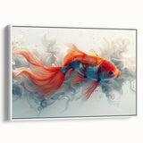 Framed canvas wall art featuring a vibrant marine life fish design in a contemporary style, showcasing colorful aquatic creatures against a white background, ideal for ocean-themed decor.