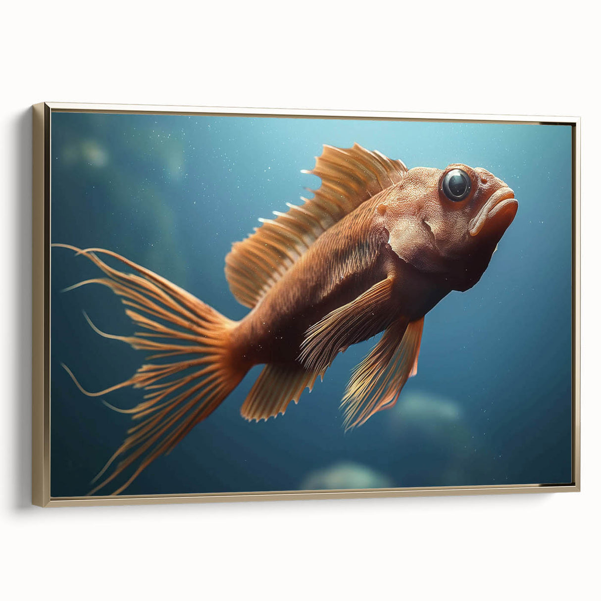 Framed canvas wall art featuring a vibrant marine life fish design, showcasing colorful aquatic species against a gold background, ideal for ocean-themed decor.