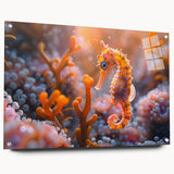 Vibrant marine life wall art showcasing a colorful fish design printed on acrylic glass, mounted with pins for a sleek side view display. Perfect for ocean-themed decor.