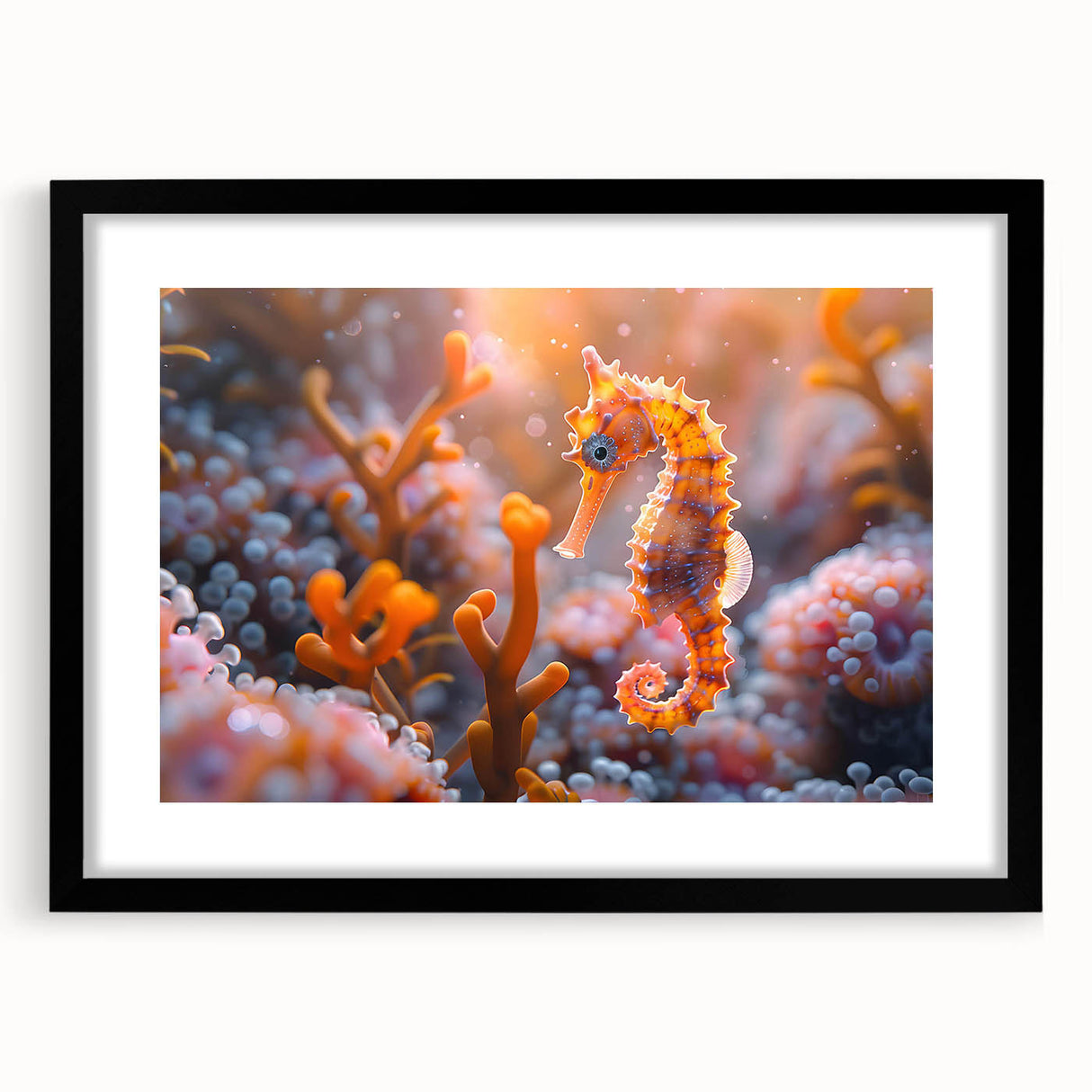 Framed wall art featuring a vibrant marine life fish design, showcasing colorful aquatic themes in a sleek black frame with a decorative mat, ideal for ocean lovers.