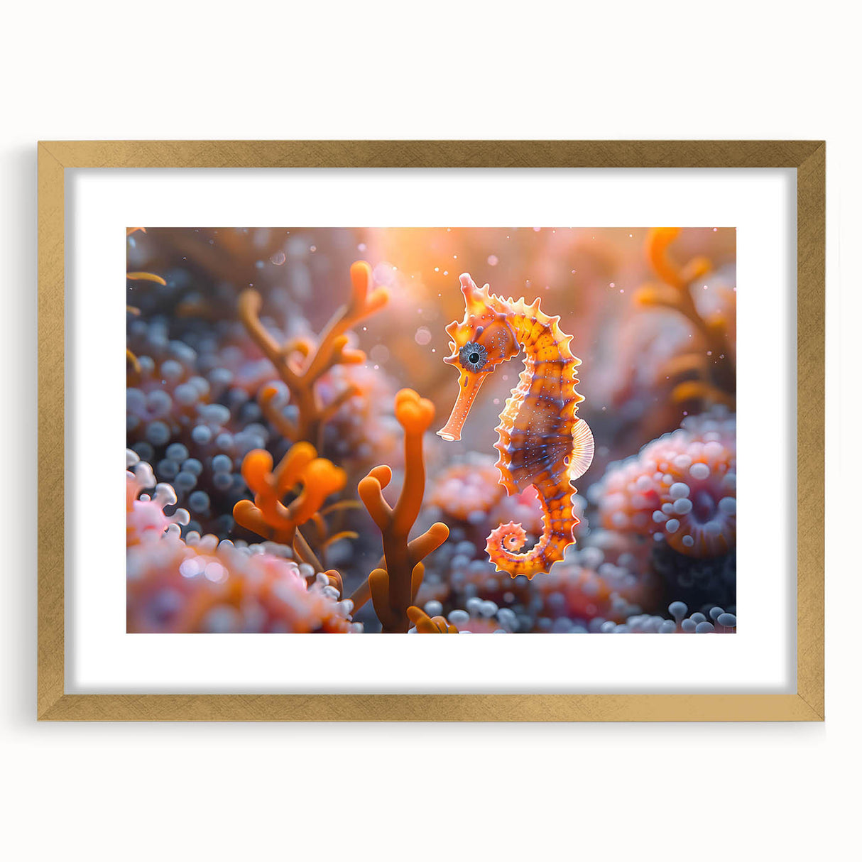 Framed wall art piece showcasing a vibrant marine life fish design in gold accents, set against a textured background, perfect for ocean-themed decor.