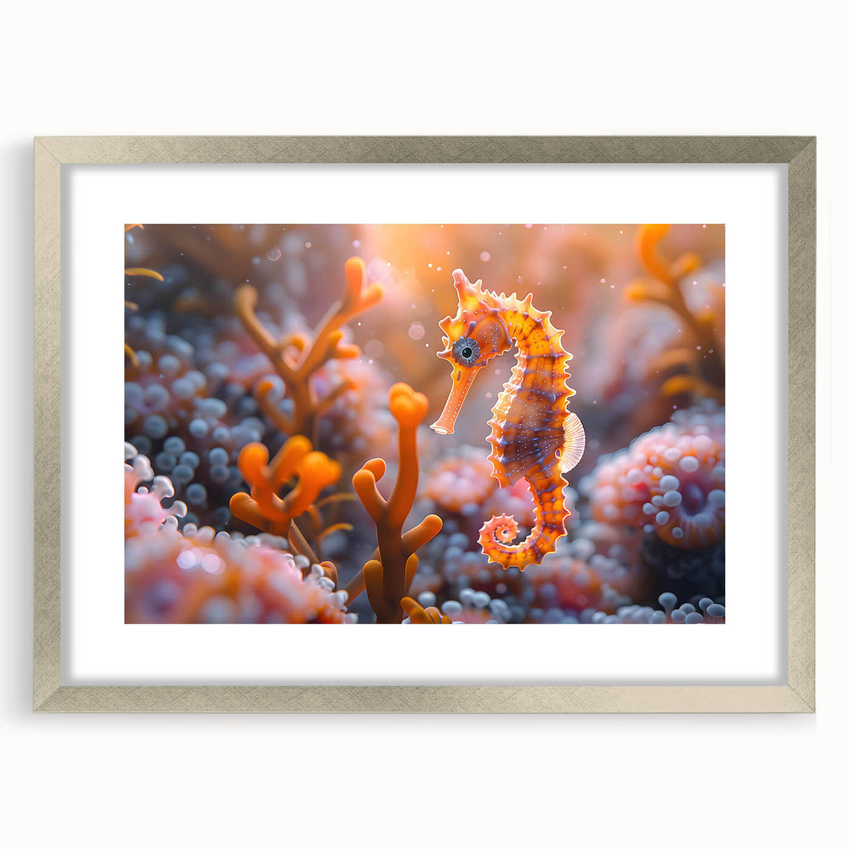 Framed marine life wall art showcasing vibrant fish designs with a sleek silver frame and mat, perfect for enhancing ocean-themed decor in homes or offices.