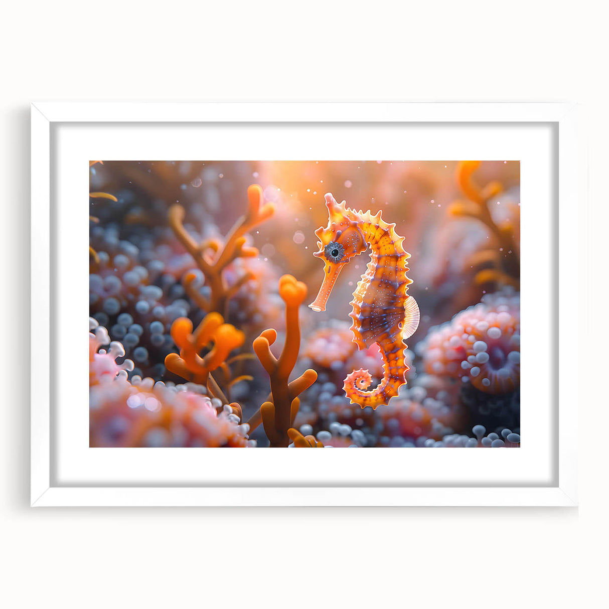 Framed wall art featuring a vibrant marine life fish design, set in a white mat, perfect for coastal decor enthusiasts. Ideal for adding a splash of color to any room.